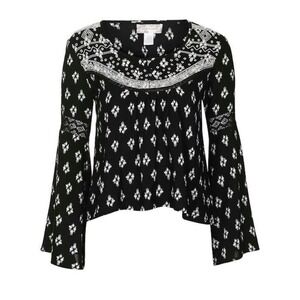 Band of Gypsies Black White Ikat Print Lace Bell Sleeve Boho Blouse Top Size S